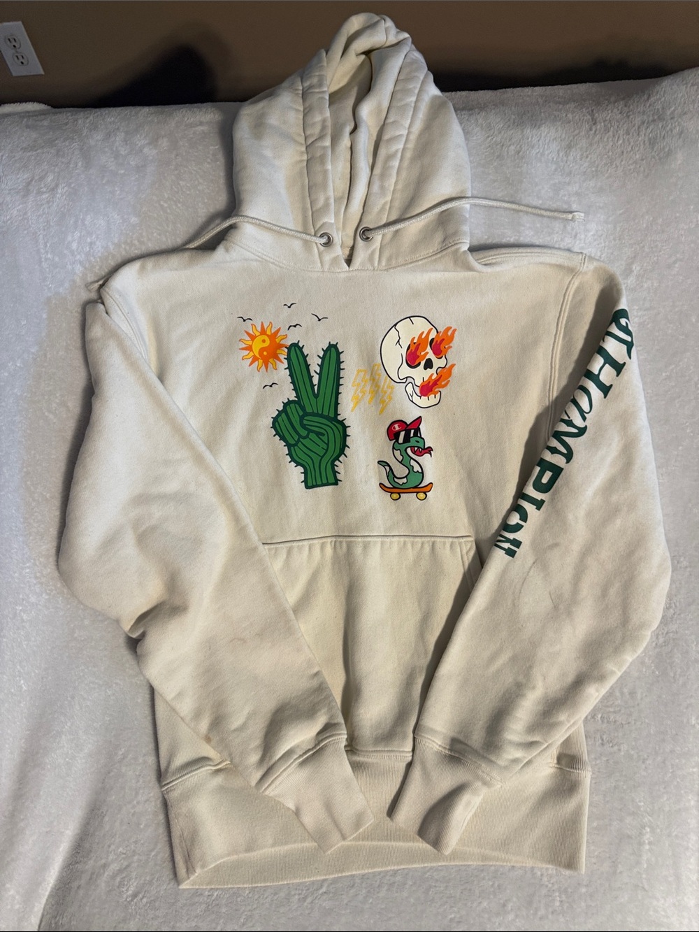 Champion Cream Graphic Hoodie with Green & Orange Artwork
